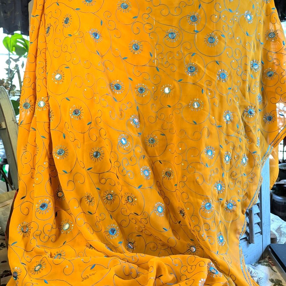 Vintage vibrant orange mirrored georgette sari
